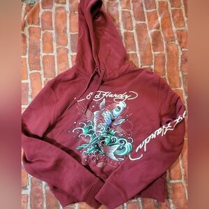 Vintage Ed Hardy Graphic Hoodie | Deep Red/Maroon | Size M | Koi Tattoo Art